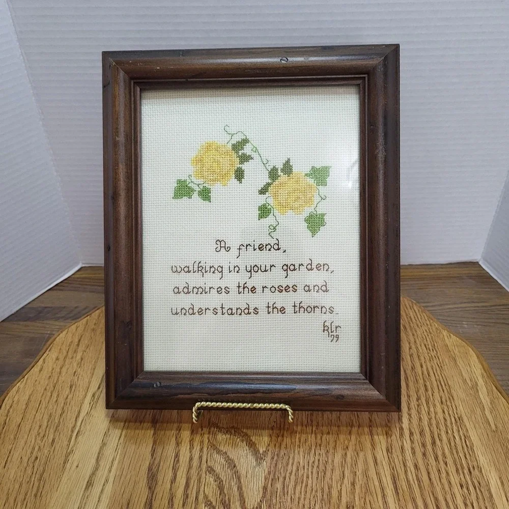 VTG Wood Framed Cross Stitch Needlepoint Friend Walking Garden Picture Roses